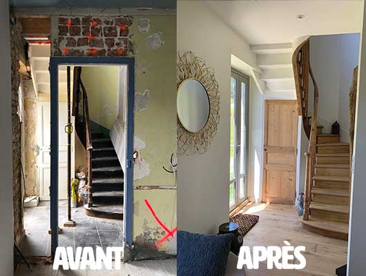 Entreprise de rénovation sur la Côte d'Emeraude (Escalier, séjour, entrée, chambre, cuisine)